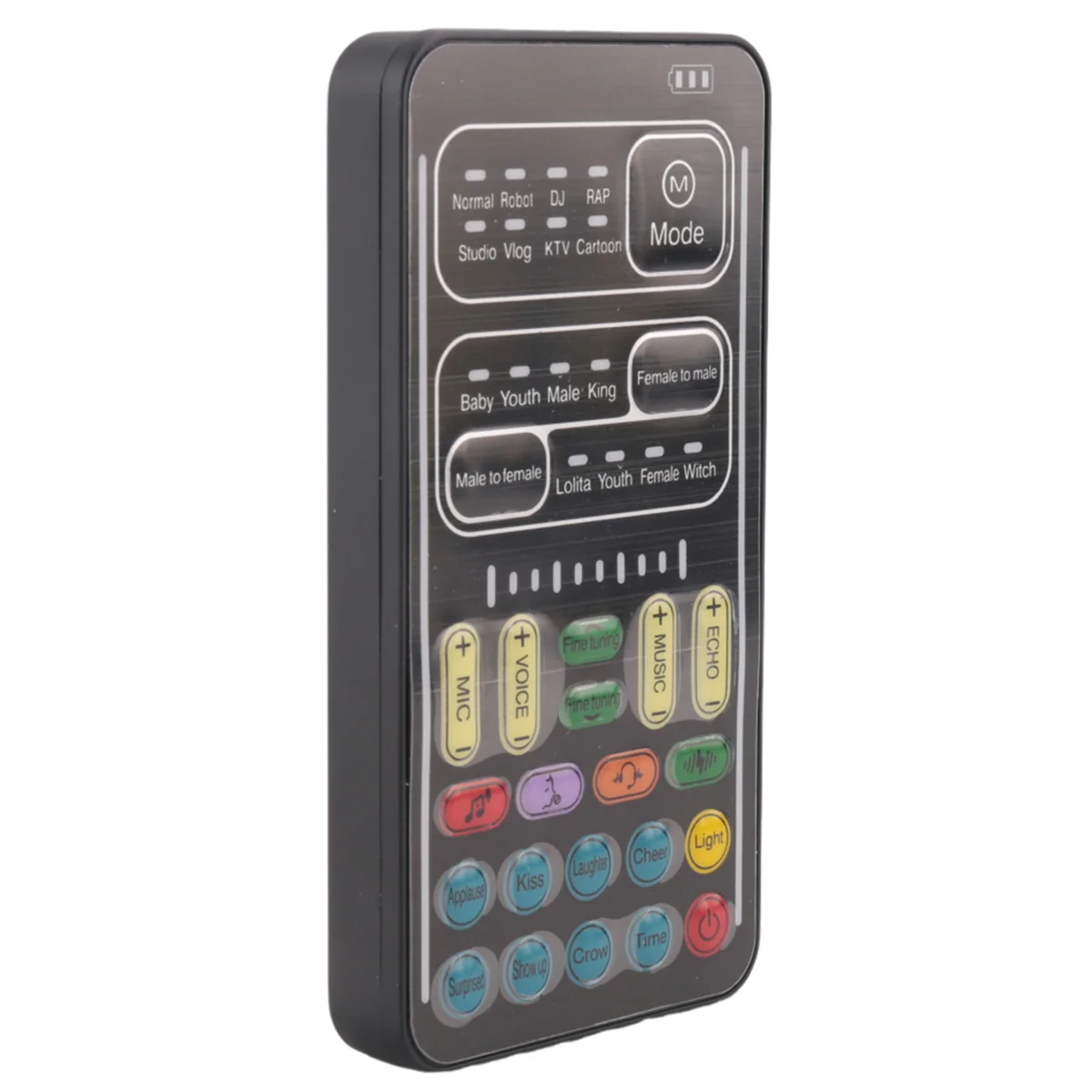 A black portable voice changer microphone with various sound effect modes and controls.