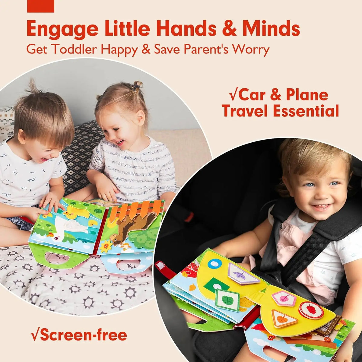 A colorful farm animal felt busy book for toddlers is shown being used by two young children.