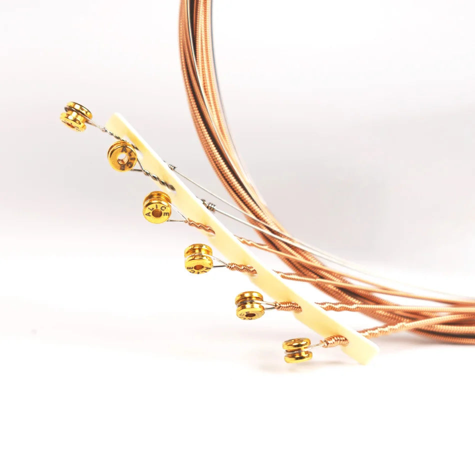 A close-up of phosphor bronze acoustic guitar strings with anti-rust coating, showing the fine wires and gold-colored connect