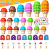 A colorful set of ice cream cups labeled with letters A through I and fruit names for an education game