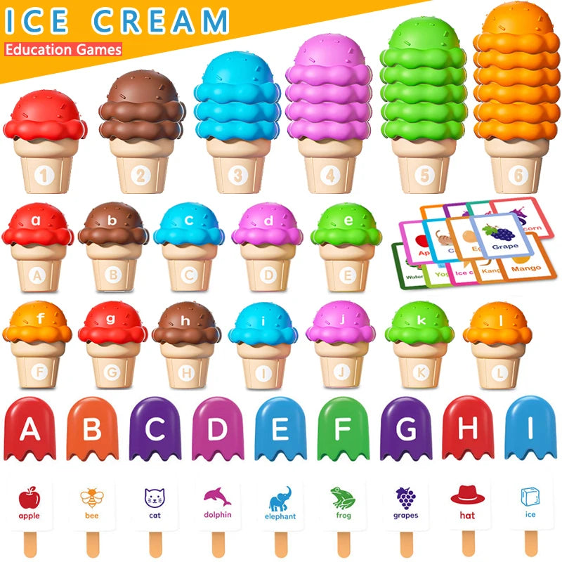 A colorful set of ice cream cups labeled with letters A through I and fruit names for an education game