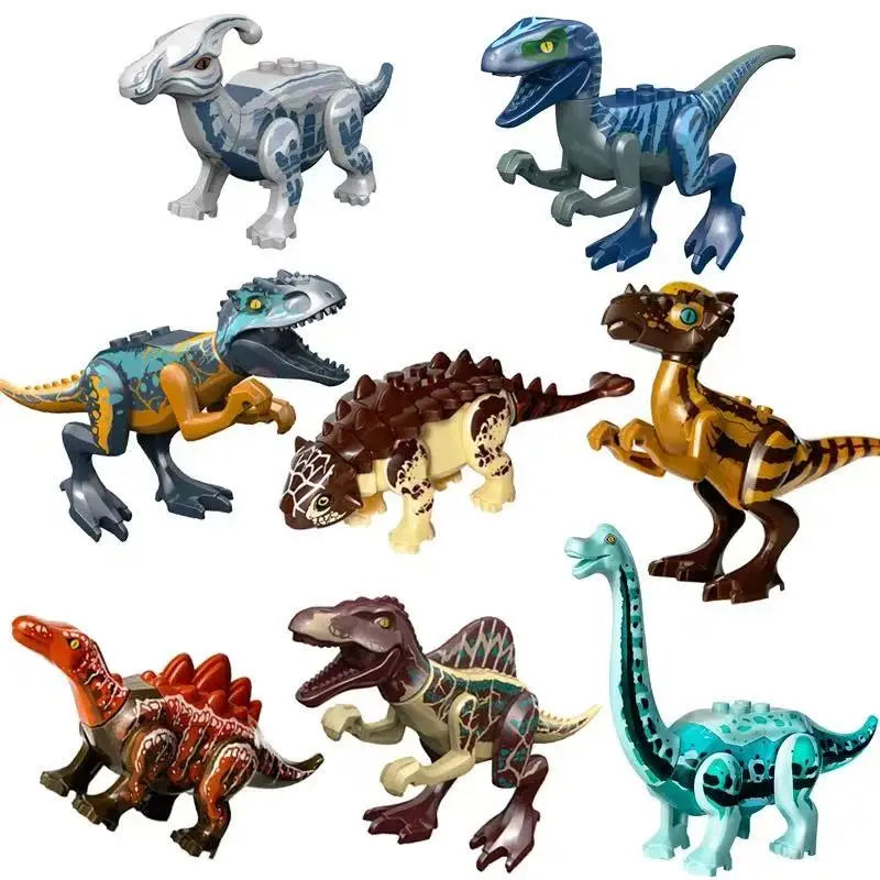 A collection of dinosaur building blocks including a Velociraptor, T-Rex, and other dinosaurs.