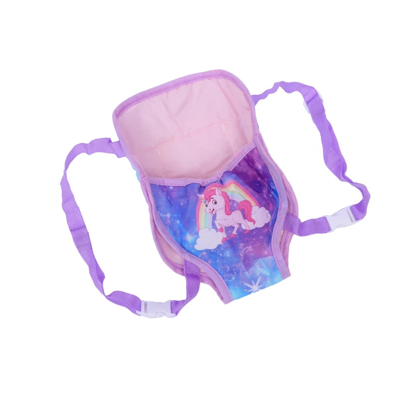 A pink and purple mini backpack featuring a unicorn design on the front.