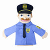 A plush hand puppet of a male police officer with a mustache wearing a blue uniform and cap.