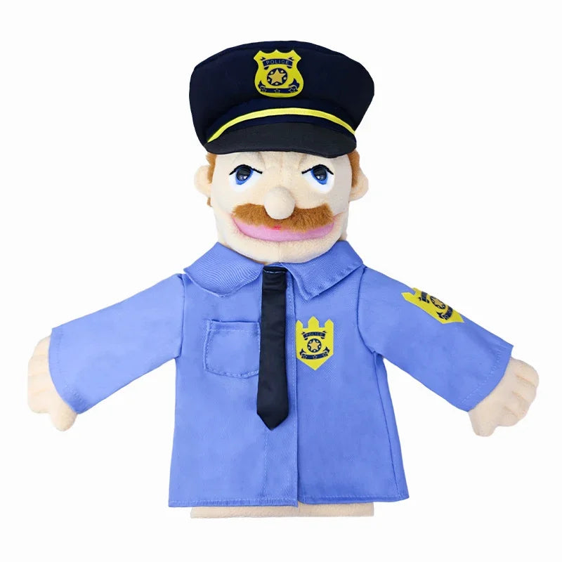 A plush hand puppet of a male police officer with a mustache wearing a blue uniform and cap.