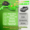 A green remote control wall climbing RC chameleon toy with LED eyes and a small car model.