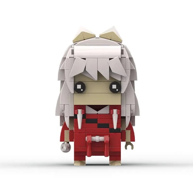 Anime-inspired collectible building block figure set of a female character with light hair and red clothing.