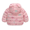 Pink cartoon-patterned puffer jacket for kids with a hood and zipper.