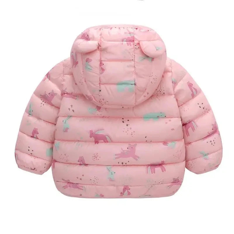 Pink cartoon-patterned puffer jacket for kids with a hood and zipper.