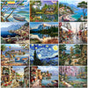 A collage of various watercolor and oil paintings depicting landscapes, seascapes, city views, and natural scenes.