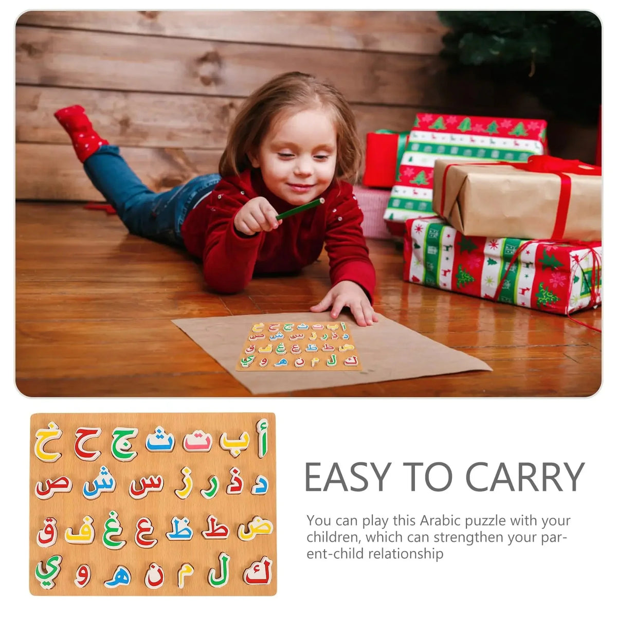 A child is playing with an Arabic alphabet wooden puzzle set on a wooden table.
