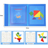 A blue wooden tangram puzzle set showing a geometric shape made from colored pieces.