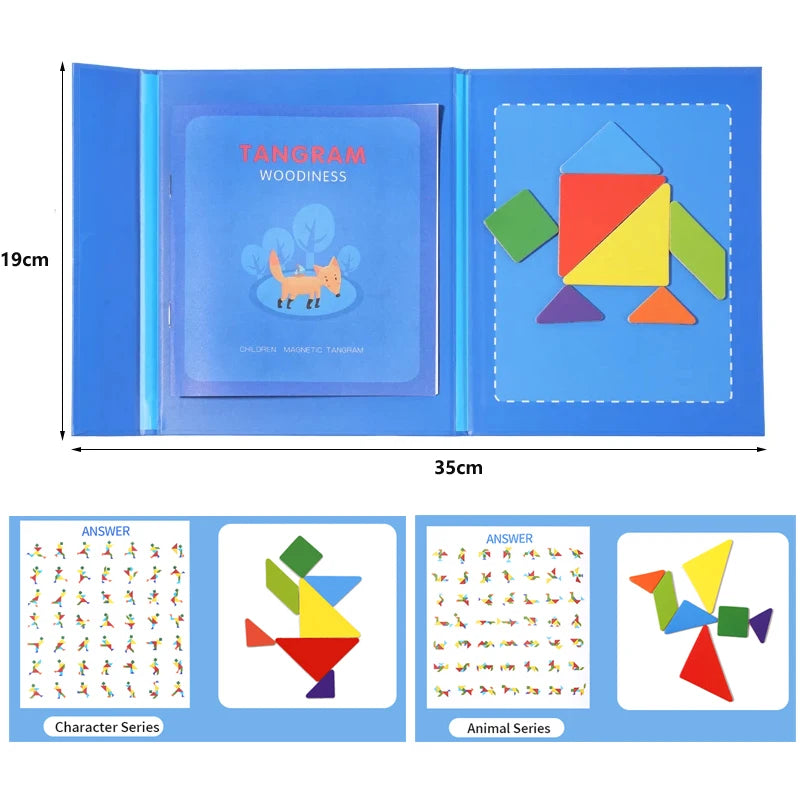 A blue wooden tangram puzzle set showing a geometric shape made from colored pieces.