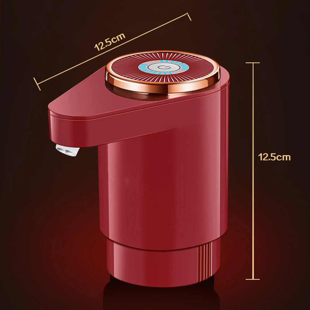 A red electric water dispenser pump with a circular top and dual outlets is shown against a dark background.