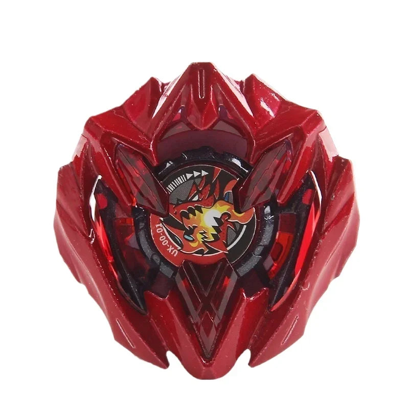 A red metal spinning top with a faceted, jewel-like design and an emblem in the center.