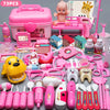 A pink kids doctor play set featuring various medical accessories like stethoscopes, syringes, and toy instruments.