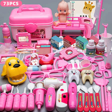 A pink kids doctor play set featuring various medical accessories like stethoscopes, syringes, and toy instruments.