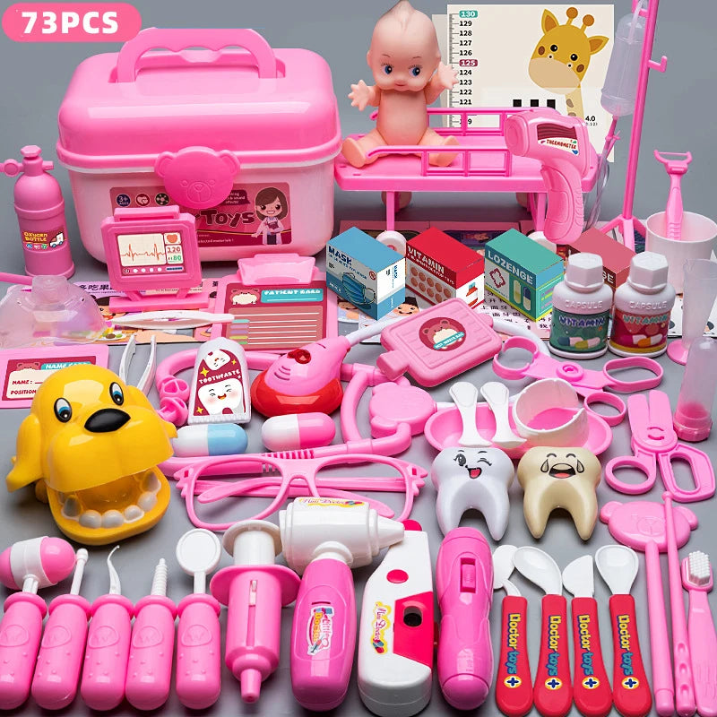 A pink kids doctor play set featuring various medical accessories like stethoscopes, syringes, and toy instruments.