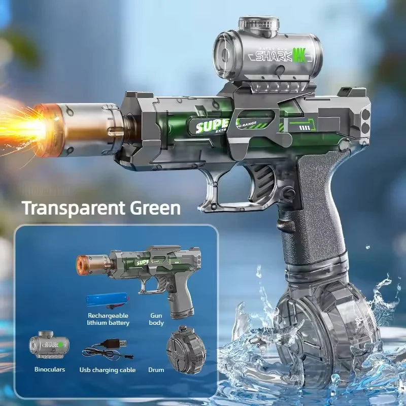A transparent green LED electric water blaster gun with accessories shown in a splash of water.