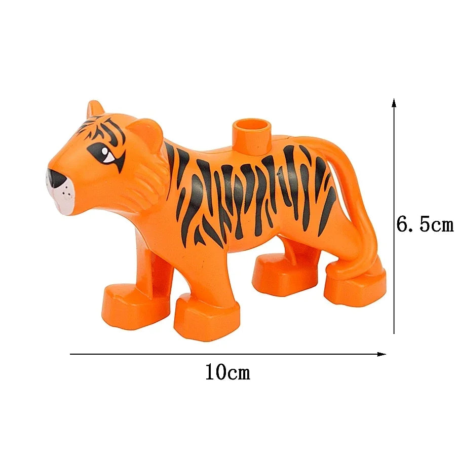 An orange tiger building block set with black stripes, shown from the side.
