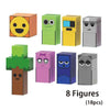 Eight colorful minifigure-style building blocks in various colors and designs for creative play
