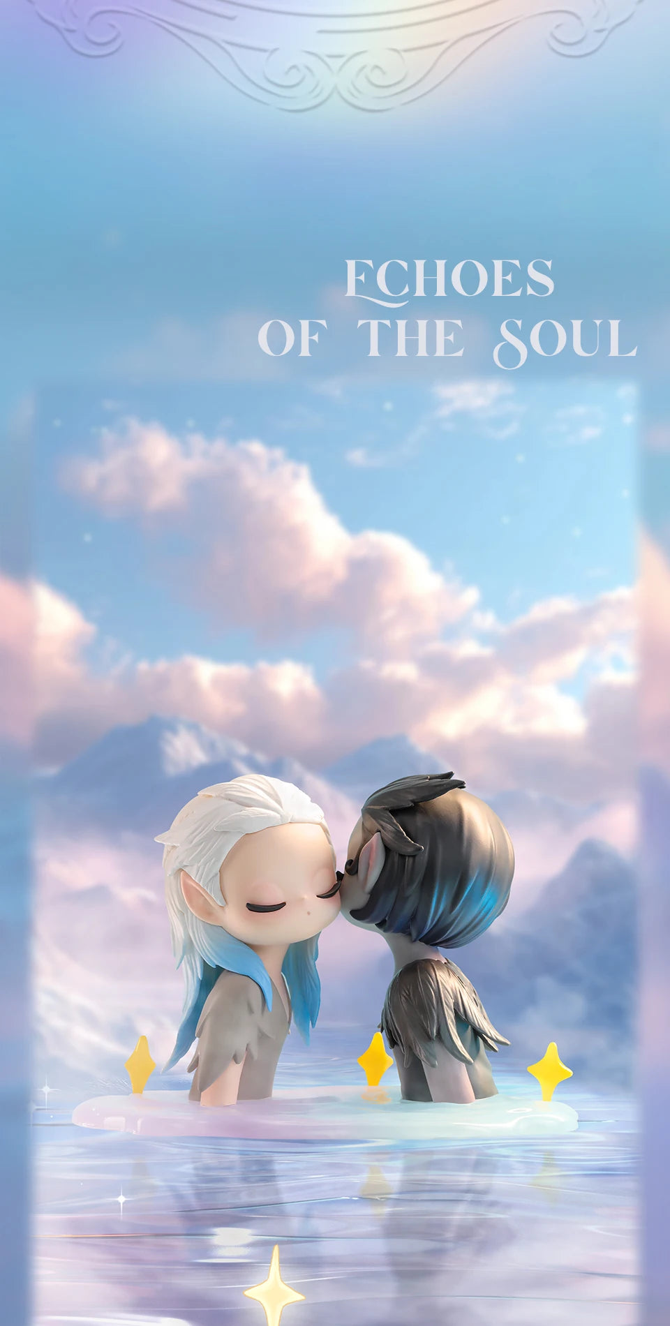 A fantasy collectible figure of two elves, one white-haired and one dark-haired, are depicted in a soft, ethereal setting.