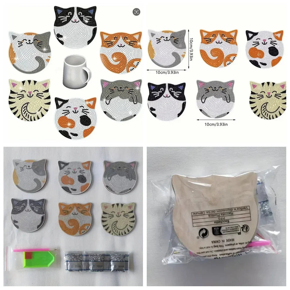 A set of DIY diamond painting coasters featuring cat mandala designs on anti-slip wood.