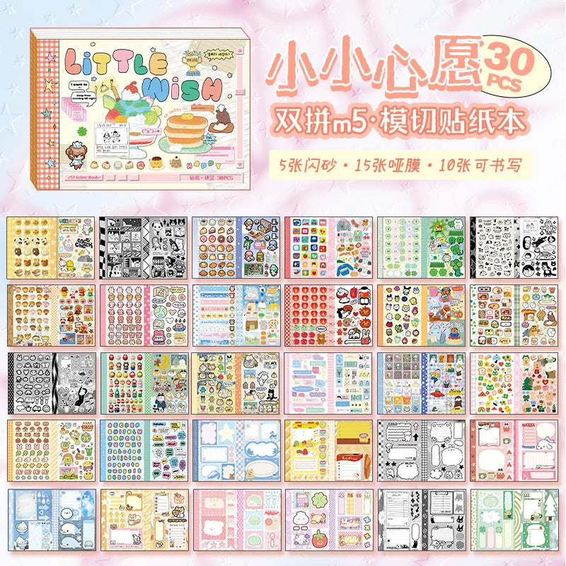 A set of 30 PCS kawaii cartoon stickers and writable notes for DIY scrapbooking featuring various cute characters and designs