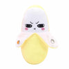 A soft yellow banana-shaped plush toy with a white hood and expressive face.