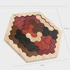 A wooden tangram puzzle board featuring a geometric pattern of colored wood pieces.