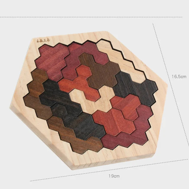 A wooden tangram puzzle board featuring a geometric pattern of colored wood pieces.