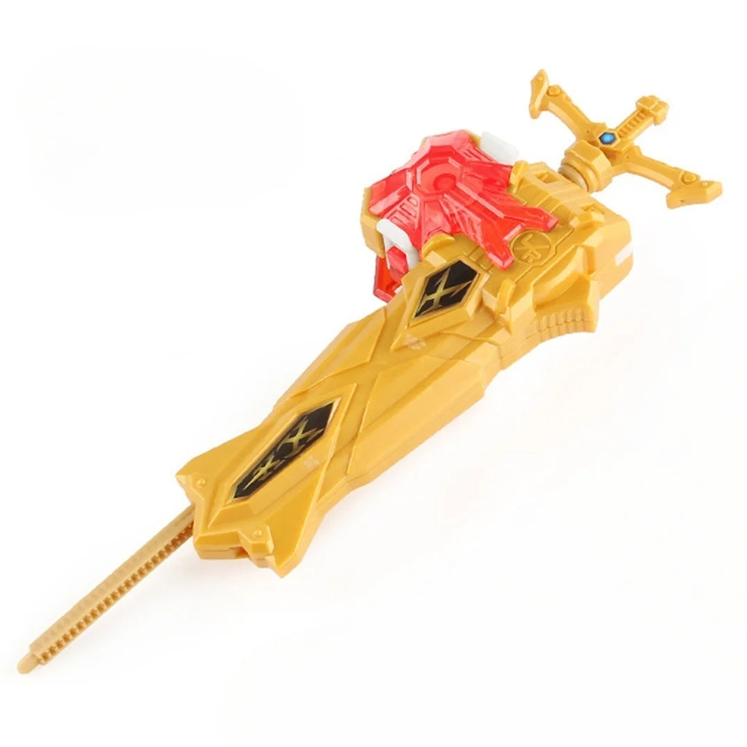 A yellow and red burst-style spinning top launcher for kids with a pointed base.