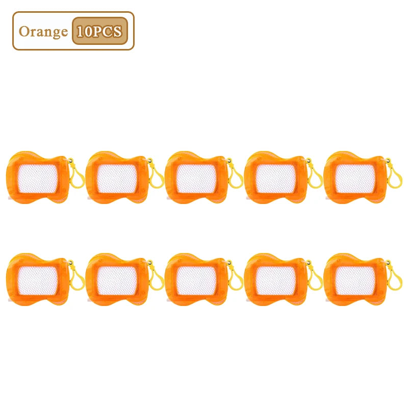 Ten orange mini magnetic drawing board keychains with attached styluses