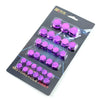 A plastic pack containing a set of purple decorative screw caps for motorcycle parts.