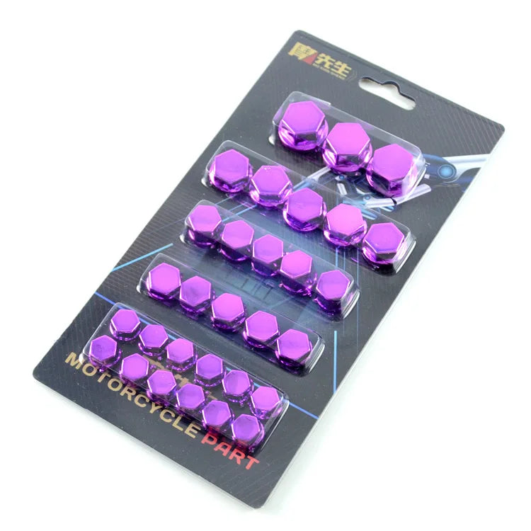A plastic pack containing a set of purple decorative screw caps for motorcycle parts.