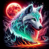 A majestic wolf head with glowing blue eyes is featured against a background of a large red moon and fiery landscape.