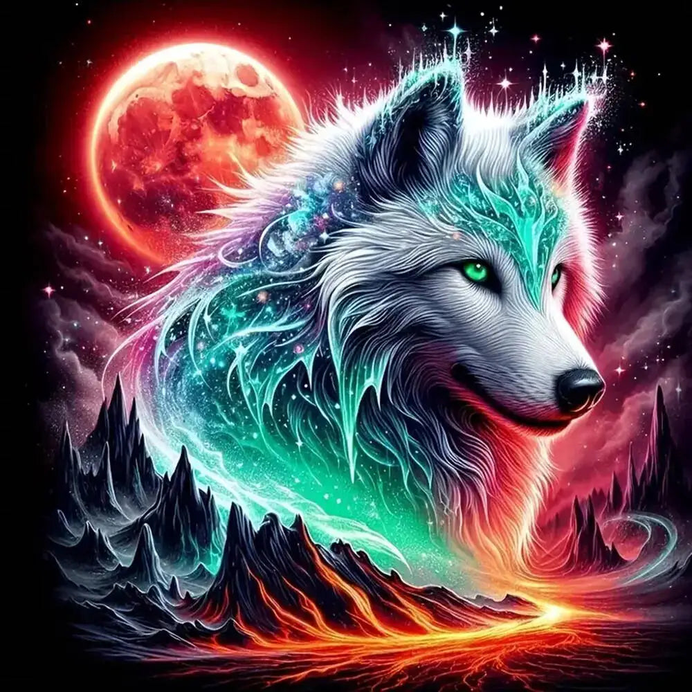 A majestic wolf head with glowing blue eyes is featured against a background of a large red moon and fiery landscape.