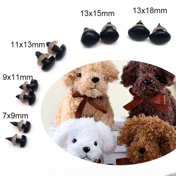 Eine Sammlung von Sicherheitsplastiknasen in verschiedenen Größen und Farben für Amigurumi-Puppen.