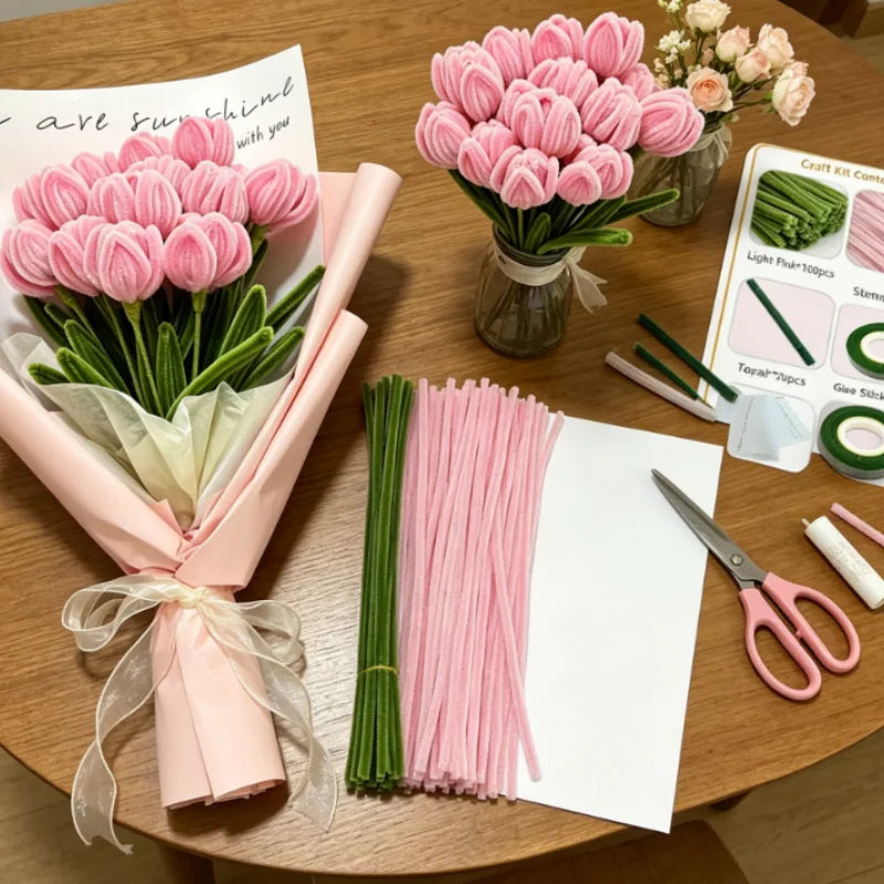 A craft kit featuring pink pipe cleaners shaped like tulips and roses, along with green pipe cleaners and tools.