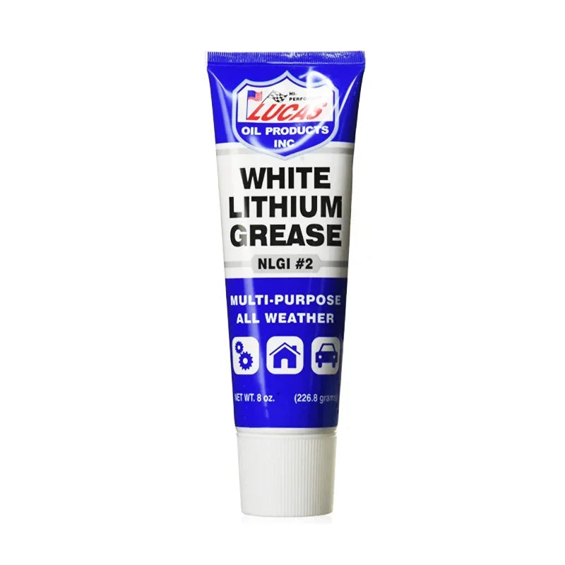 Tube of Lucas Oil White Lithium Grease multi-purpose lubricant labeled NLGI #2