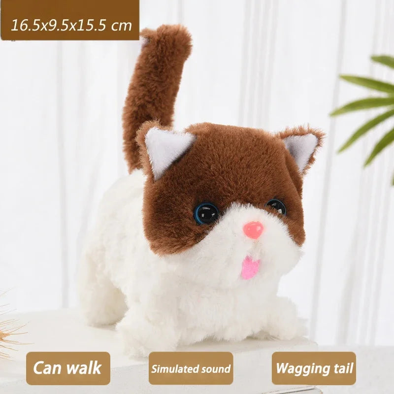 A brown and white plush cat toy with a fluffy tail and pink nose, demonstrating walking ability and a wagging tail.