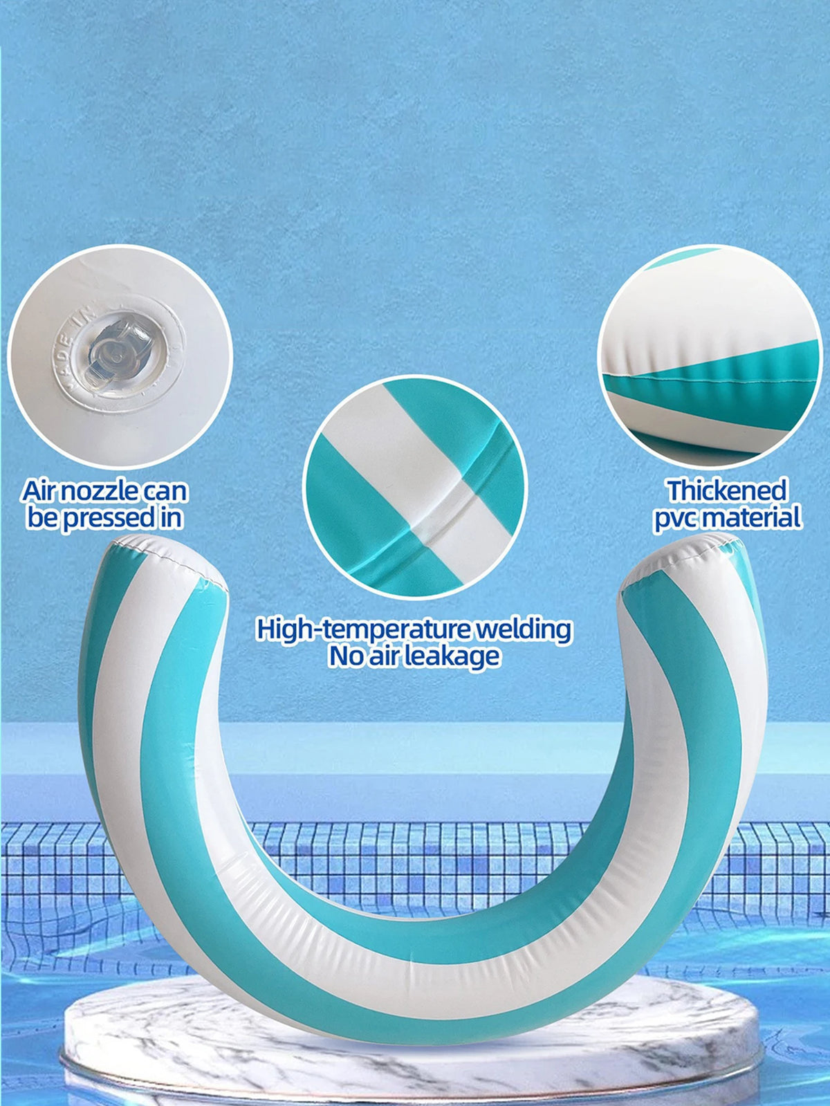 A striped U-shaped inflatable pool float made of thickened PVC material is shown with related components.