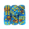 A set of ten mixed-color, translucent dice with yellow dots for board games and RPGs.
