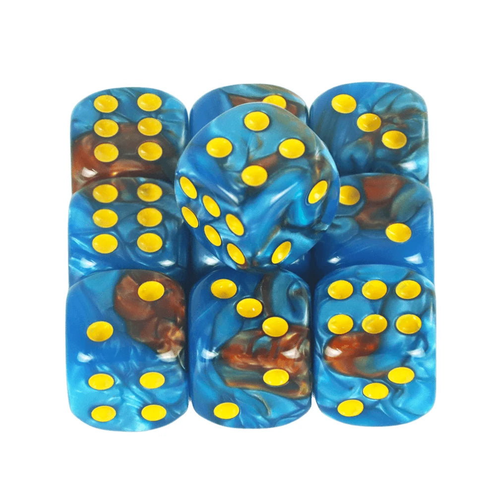 A set of ten mixed-color, translucent dice with yellow dots for board games and RPGs.