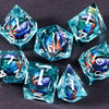 A set of seven translucent blue resin polyhedral dice, including a d4, d6, d8, d10, d12, and d20, displayed on a dark surface