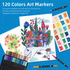 A set of 120 colors art markers with fine and brush tips for adult coloring and lettering.