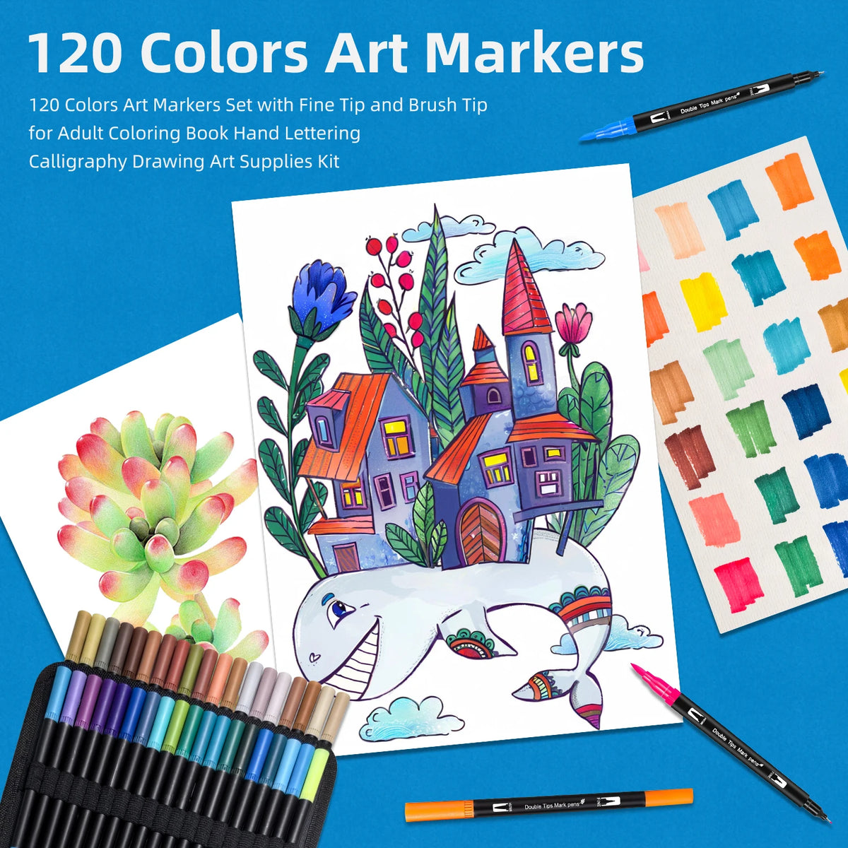 A set of 120 colors art markers with fine and brush tips for adult coloring and lettering.