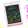 A pink LCD writing tablet displaying the text I'm HAPPY written in neon green and yellow dinosaur drawings on a black backgro