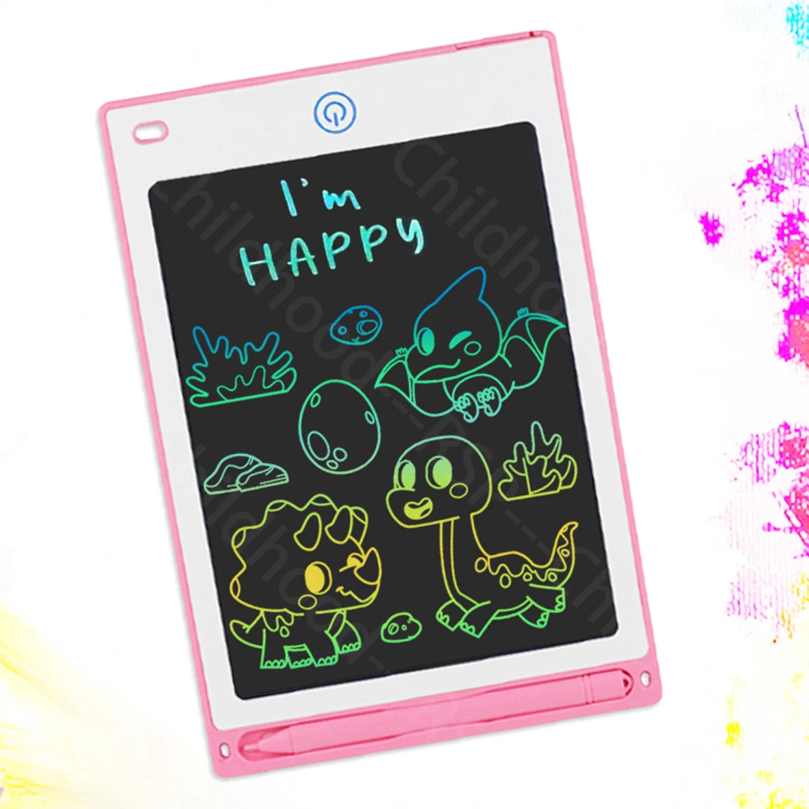 A pink LCD writing tablet displaying the text I'm HAPPY written in neon green and yellow dinosaur drawings on a black backgro