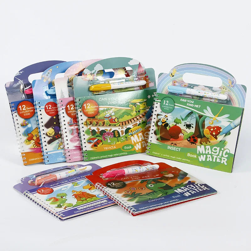 A set of reusable magic water painting books for toddlers featuring various scenes and insects.